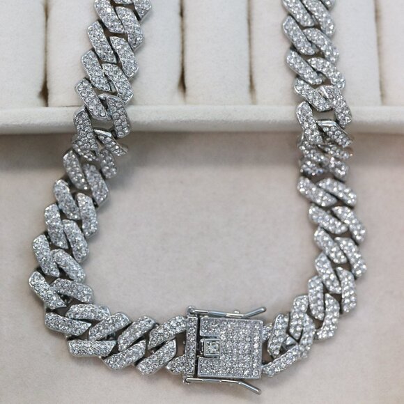 14mm 20inches Cuban Ice Curb Diamond Chain Silver Plated Necklace with Rhineston - Picture 1 of 4